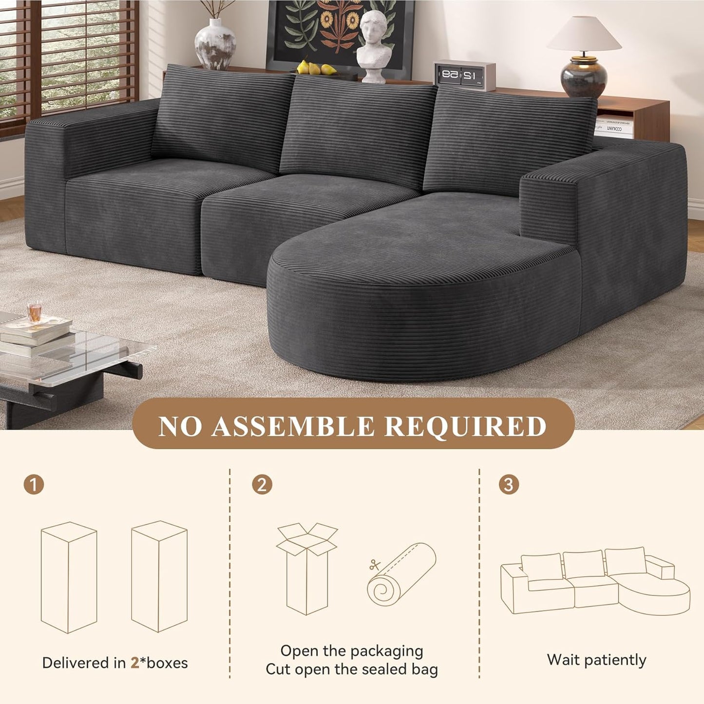 Modular Sectional Sofa with L-Shape Chaise,Cloud Sectional Modern Sleeper Couch with Deep Seat,Sponge Compression Sofas No Assembly Required(Dark Gray-Corduroy Fabric) 1PCS