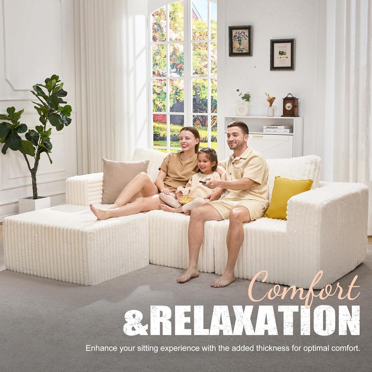 Hobestluk Modular Sectional Sofa Memory Foam Couch Oversized Sectional Sofa 3-Seater with Chaise Cloud Couch with Removable Cover L Shape Sofa for Living Room (Strip White, 3-Seater with Chaise)