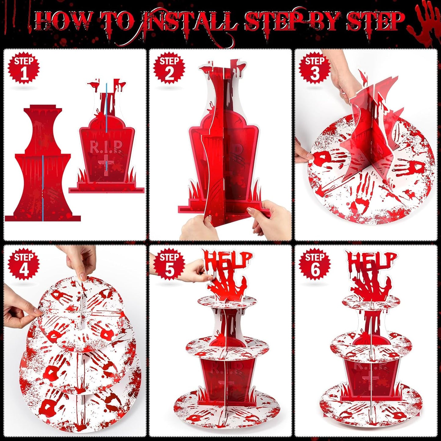 Sliner 3 Tier Halloween Bloody Cupcake Stand Party Decorations Bloodys Handprint Cupcake Holder Halloweens Bloodys Help Cake Holder Bloody Theme Dessert Stand for Horror Scary Party Supplies