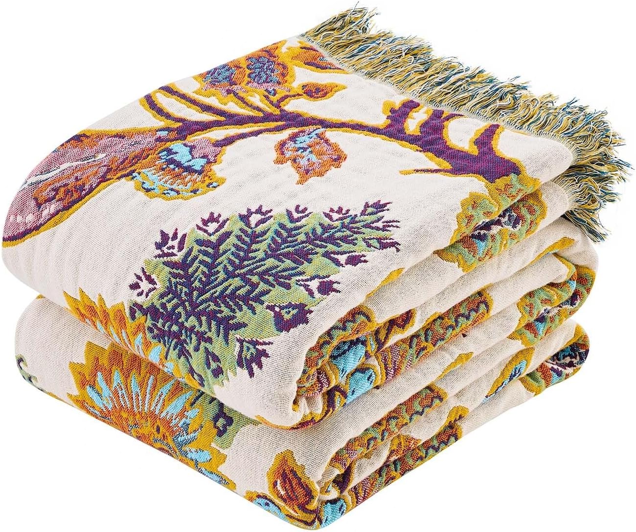 Boho Throw Blanket for Bed, 100% Cotton Soft Rustic Quilt Fall Blanket, 60"x80" Floral Printed Farmhouse Decor Bed Blankets, All Season Rustic Reversible Bohemian Throw Quilt