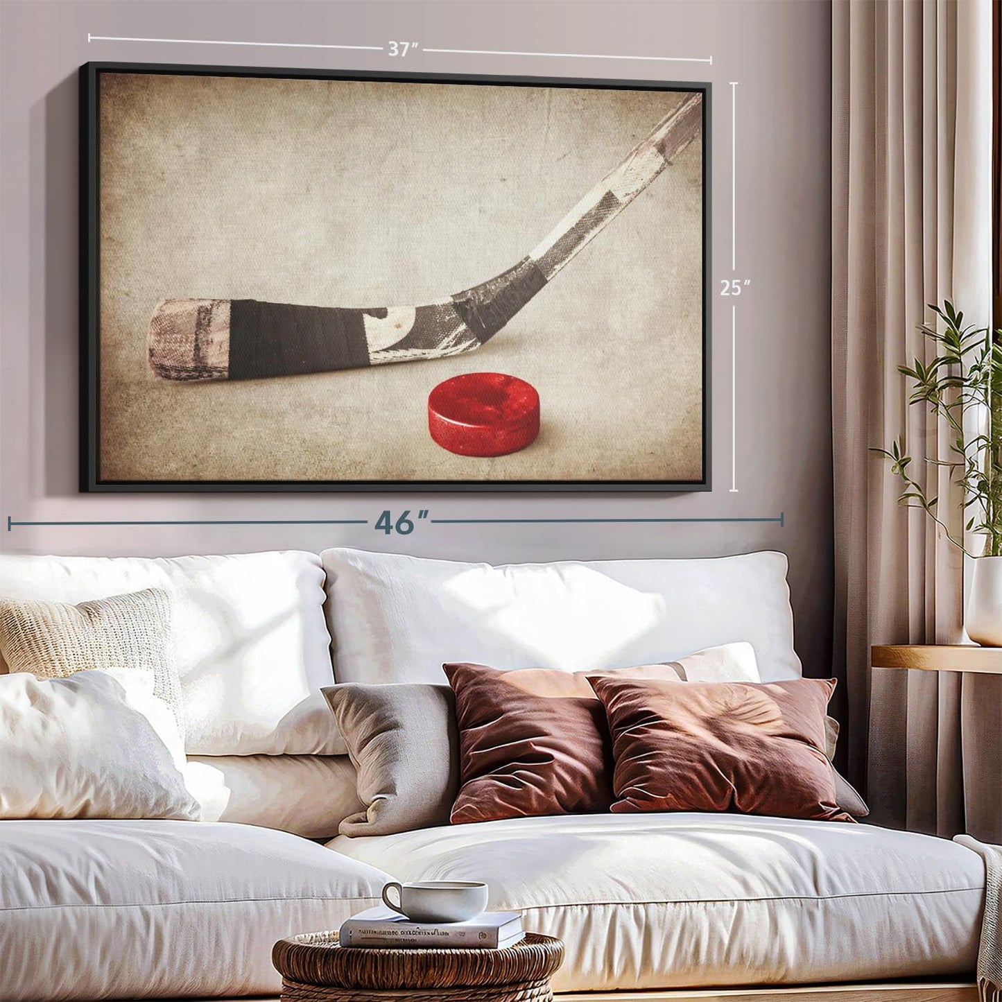 Elephant Stock Vintage Ice Hockey Wall Art - Horizontal Framed Canvas - 1-Piece Hallway Wall Decor - Photography Sports Canvas Print - Brown and Beige Decor for Wall - 37" X 25"