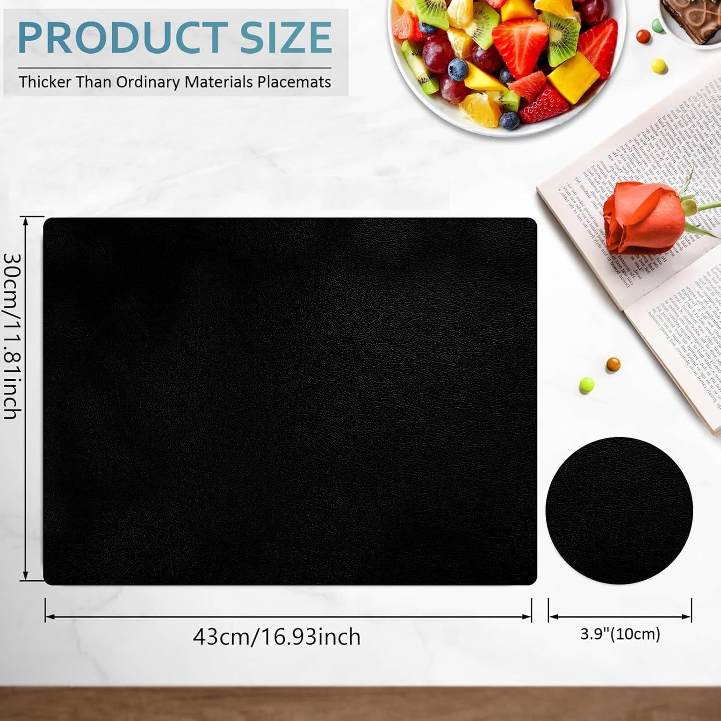 Faux Leather Placemats and Coasters Set of 6, Waterproof, Oil-Proof Wipeable, PVC Leather Place Mats, Anti Slip Heat Resistant Reversible Table Mats for Kitchen, Dining, Outdoor 17’’×12’’, (Black)