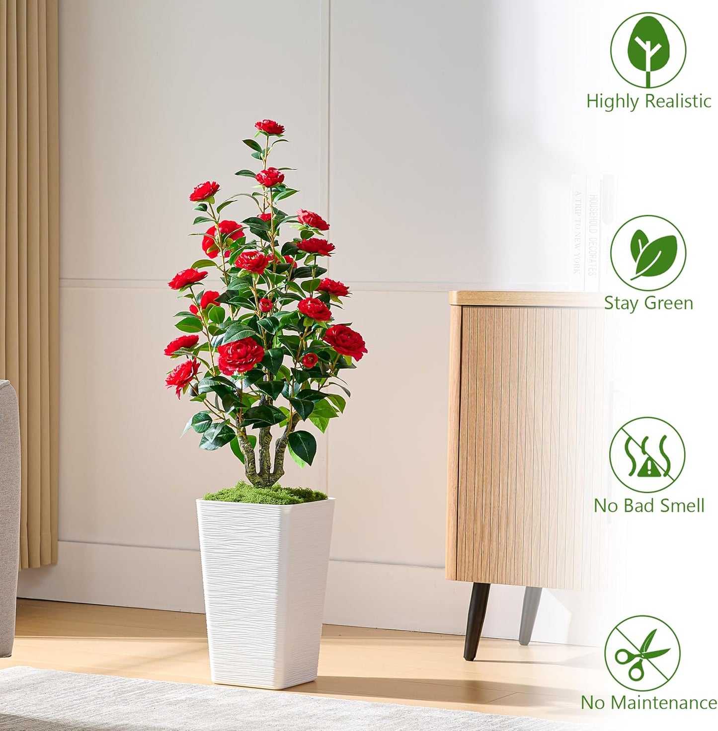 Artificial Camellia Tree 4FT Faux Trees Indoor Fake Floral Plant Blooming Tree with Red Flowers & White Tall Planter, Faux Camellia Plants for Porch Home Room Bedroom Office Front Door Outdoor Decor