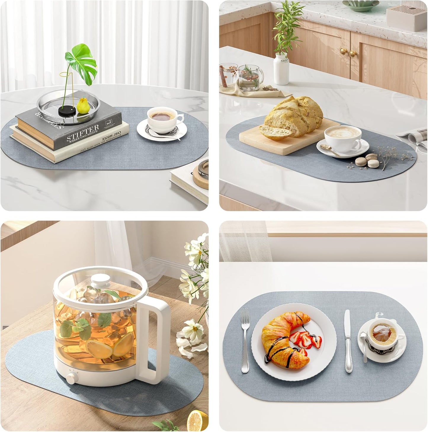 DOLOPL Large Placemats Set of 6, Oval Reversible Wipeable & Non-Slip Place Mats, Modern Faux Leather Table Mats for Kitchen, Neutral Tablemats for Dining Table Decor, Wedding, Party(Dusty Blue)