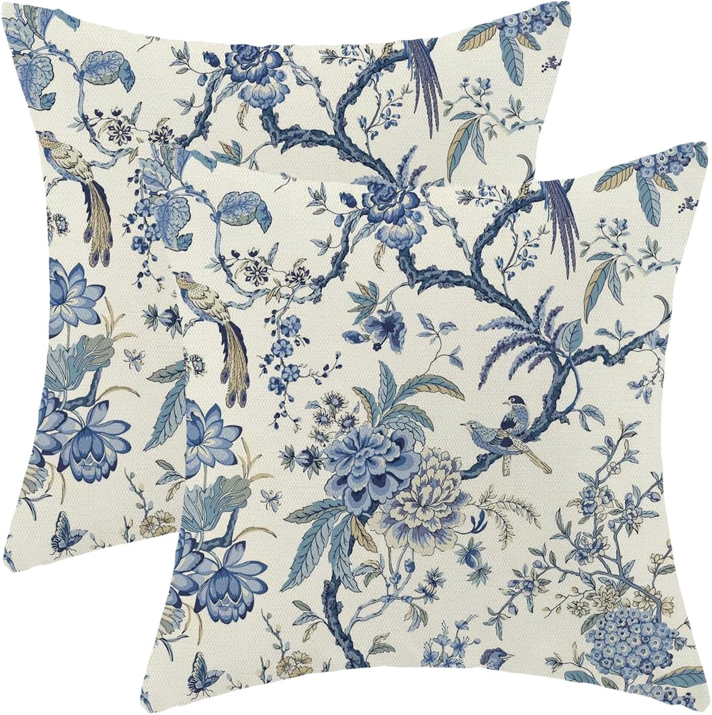 CXMEIFLY Spring Floral Birds Pillow Covers 16 x 16 Inch Set of 2 for Chinoiserie Flowers Decor Throw Pillows Blue and White Plant Outdoor Decorative Cushion Cases for Couch Bed Decorations