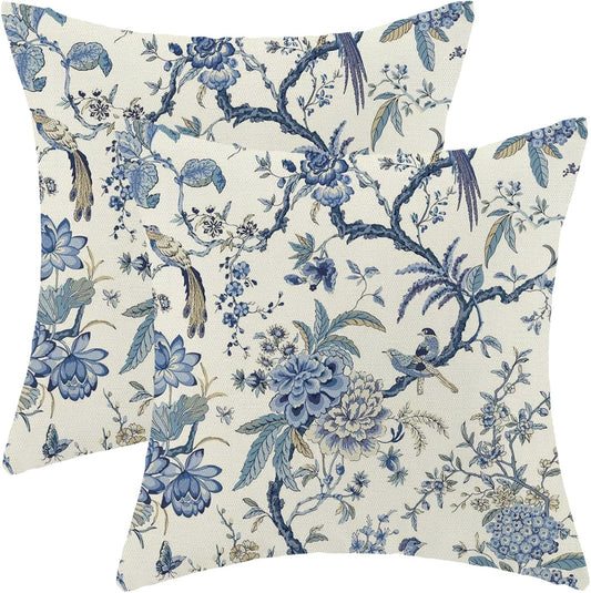 CXMEIFLY Spring Floral Birds Pillow Covers 20 x 20 Inch Set of 2 for Chinoiserie Flowers Decor Throw Pillows Blue and White Plant Outdoor Decorative Cushion Cases for Couch Bed Decorations