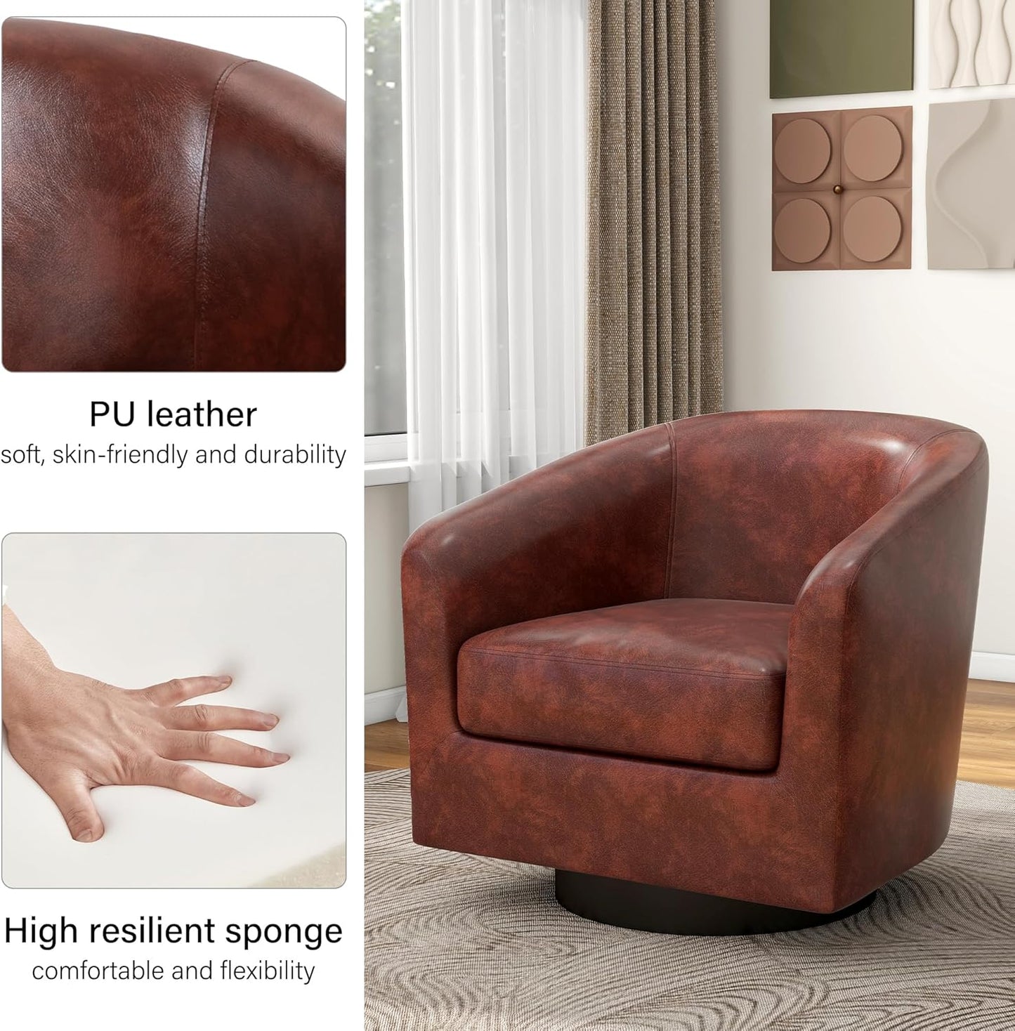 Swivel Barrel Accent Chair, Modern Round Faux Leather Arm Chair for Living Room, Bedroom, Comfy Club Reading Chairs for Adults(Faux Leather, Red Brown, Set of 1)