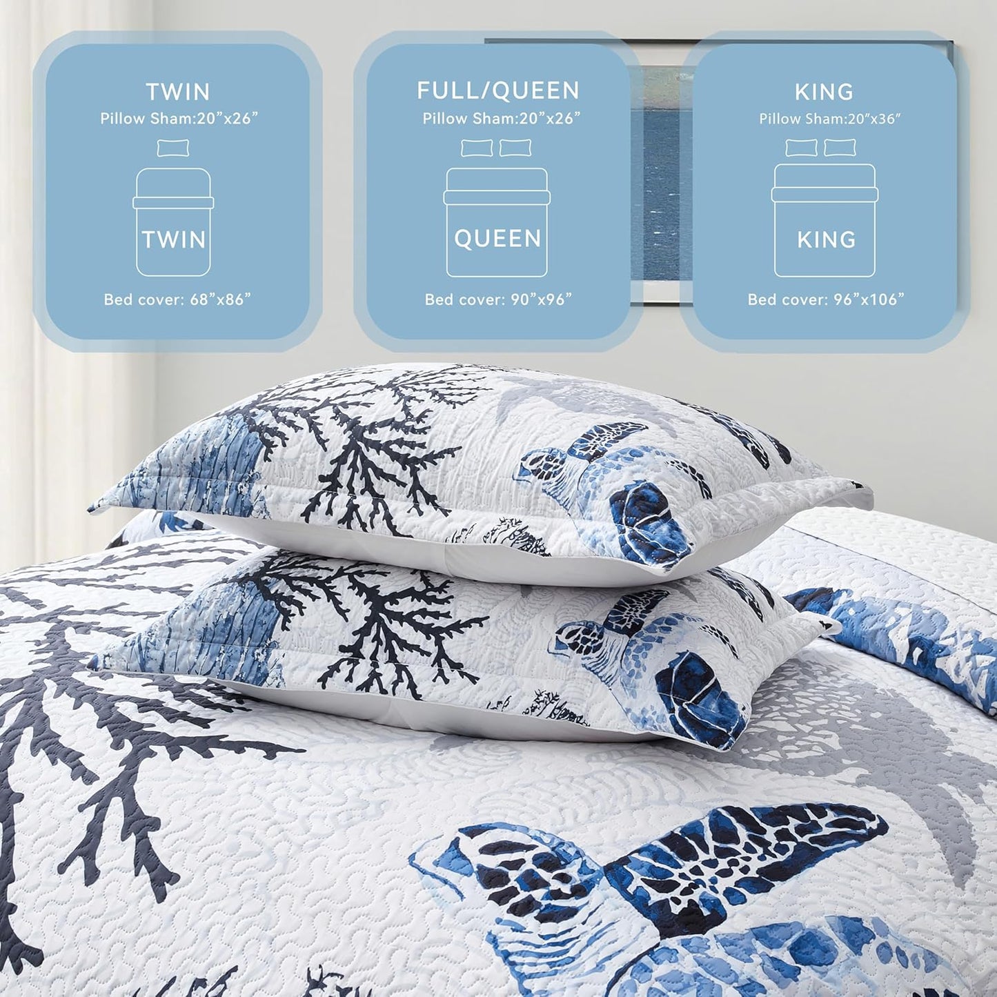 Coastal Bedding California King Size Coastal Quilt with 2 Shams, Nautical Beach Comforter Sets Ocean Bedspreads Blue Seaturtle Coverlet Summer Bedding, 106''x118''