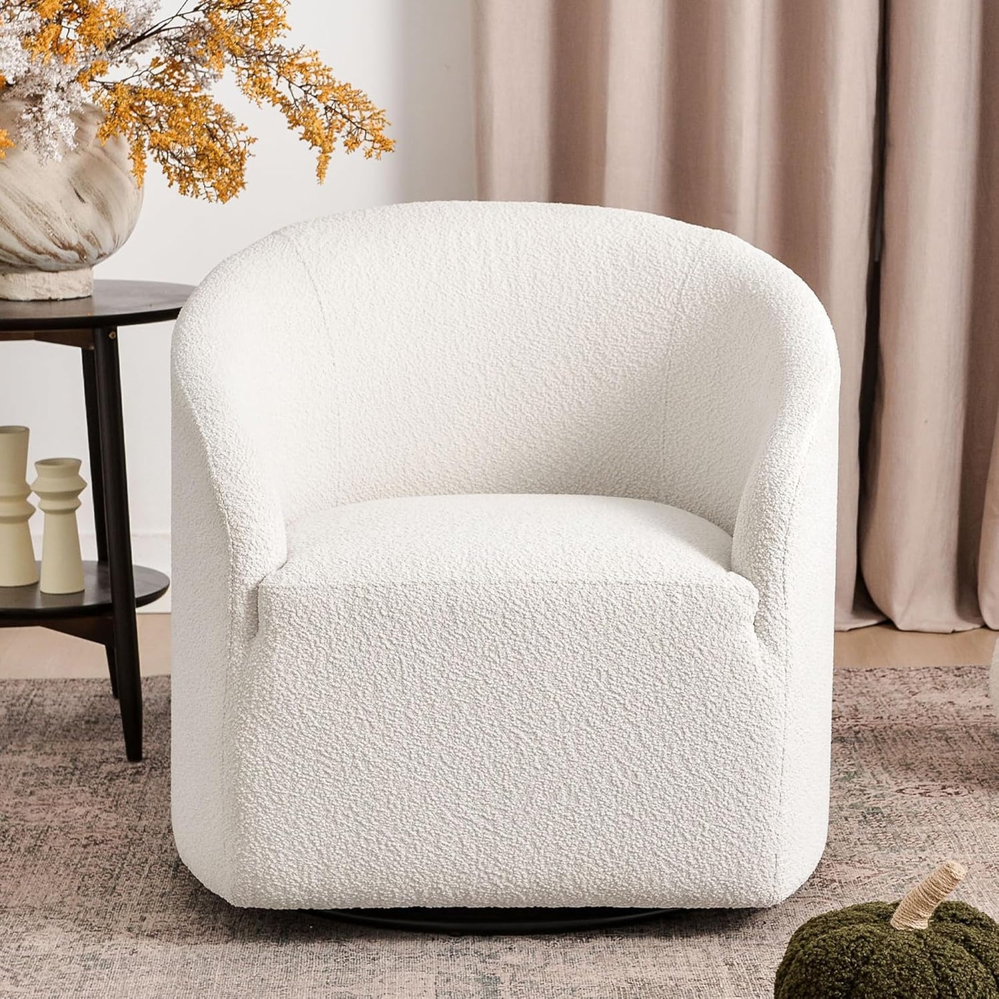 KINWELL 32" Wide Modern Boucle Swivel Barrel Chair, No Assembly Round Upholstered Swivel Accent Armchair for Living Room, Bedroom, Office (White)
