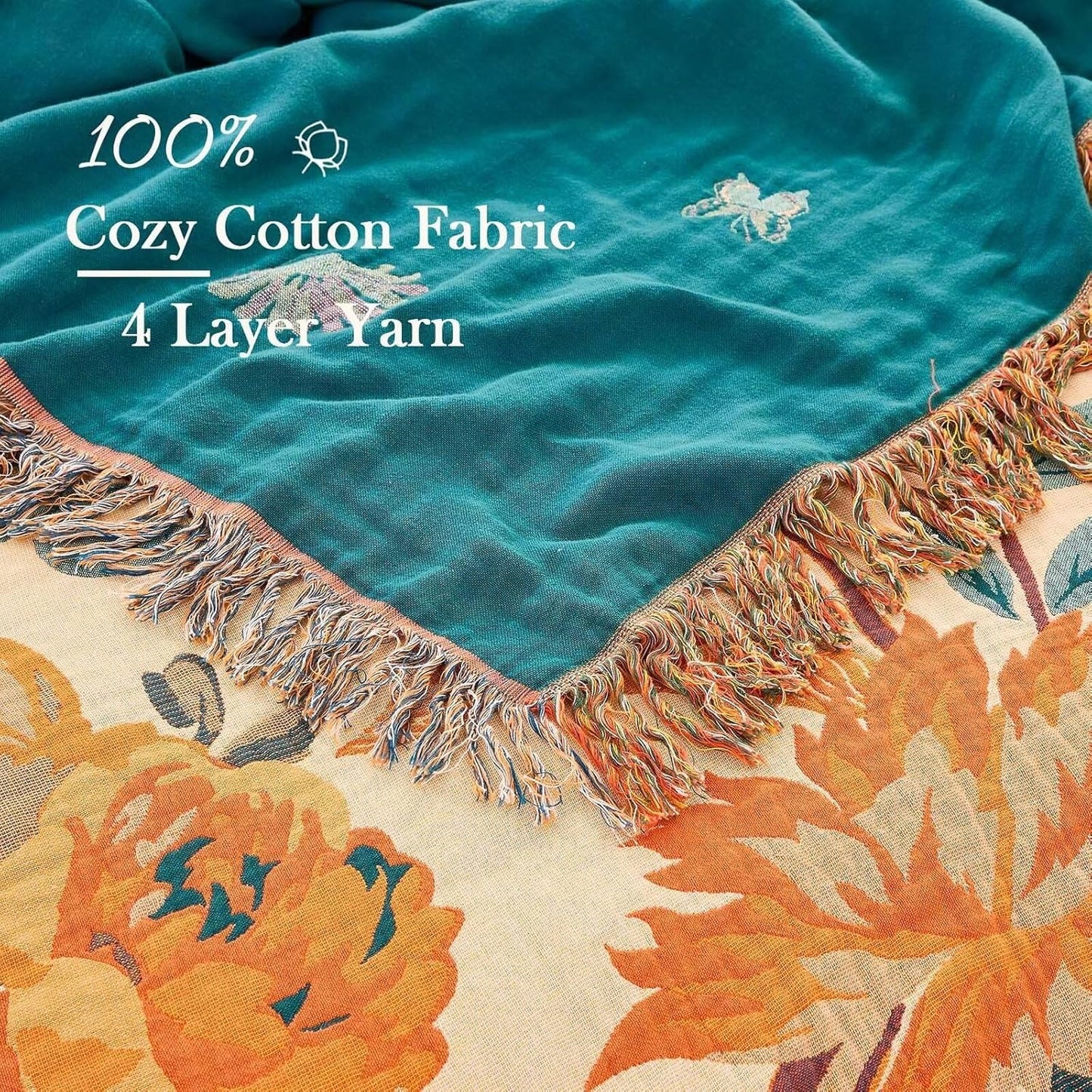 Boho Throw Blanket for Bed, 100% Cotton Soft Rustic Quilt Fall Blanket, 60"x80" Floral Printed Farmhouse Decor Bed Blankets, All Season Rustic Reversible Bohemian Throw Quilt