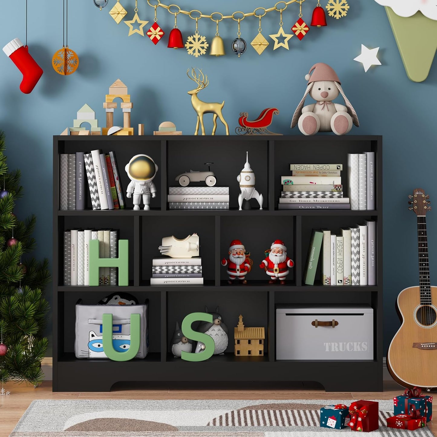 Book Shelf, 10 Cubes Storage Organizer, 3-Tier Open Shelf Wooden Bookcase, Freestanding Balck Bookshelf Cube Shelf for Bedroom, Living Room, Home Office