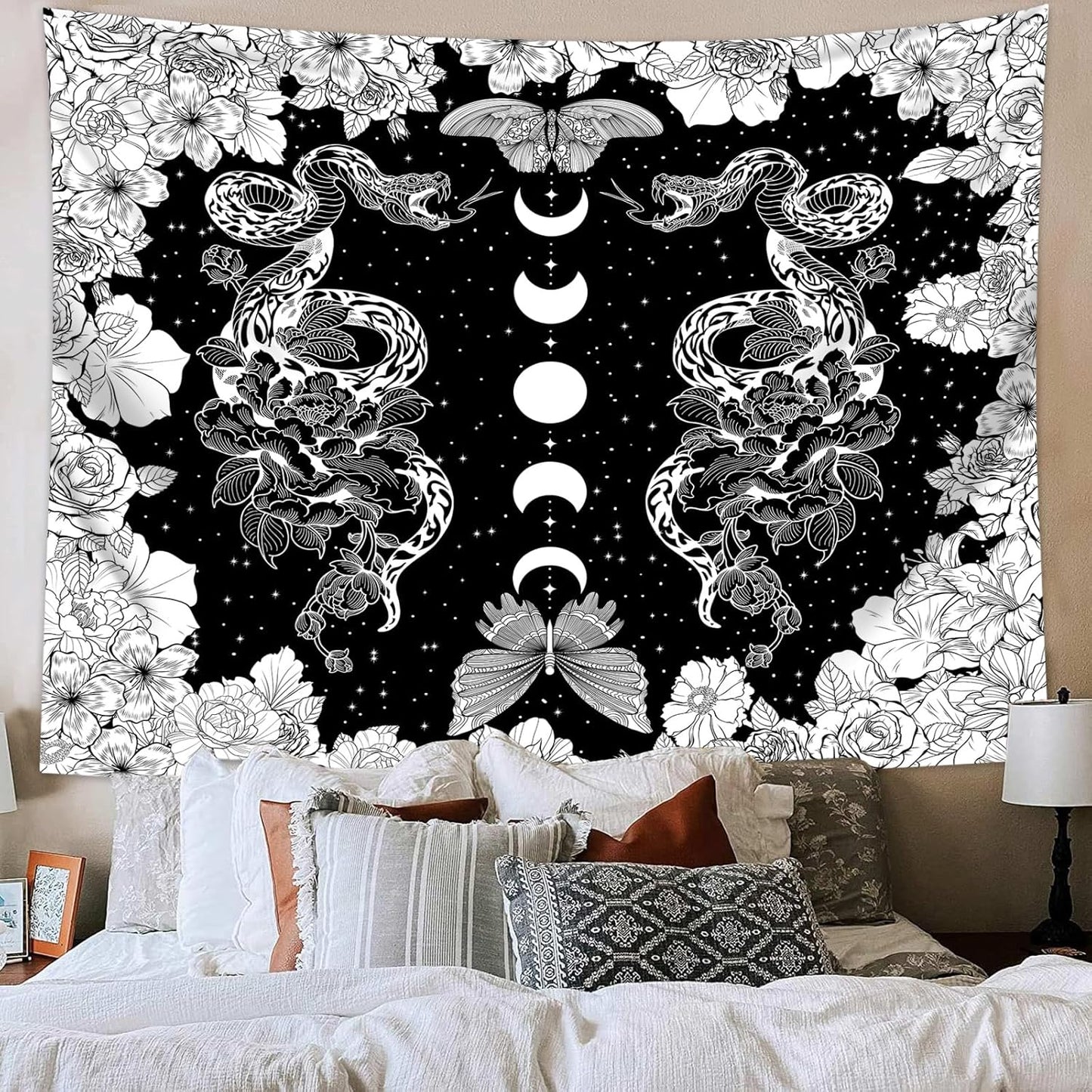 dueeia Moon Phase Witchy Tapestry Wall Hanging Snake Witch Occult Black and White Dark Tapestries for Bedroom Aesthetic Living Room Wall Decor (28.7"x37.4")