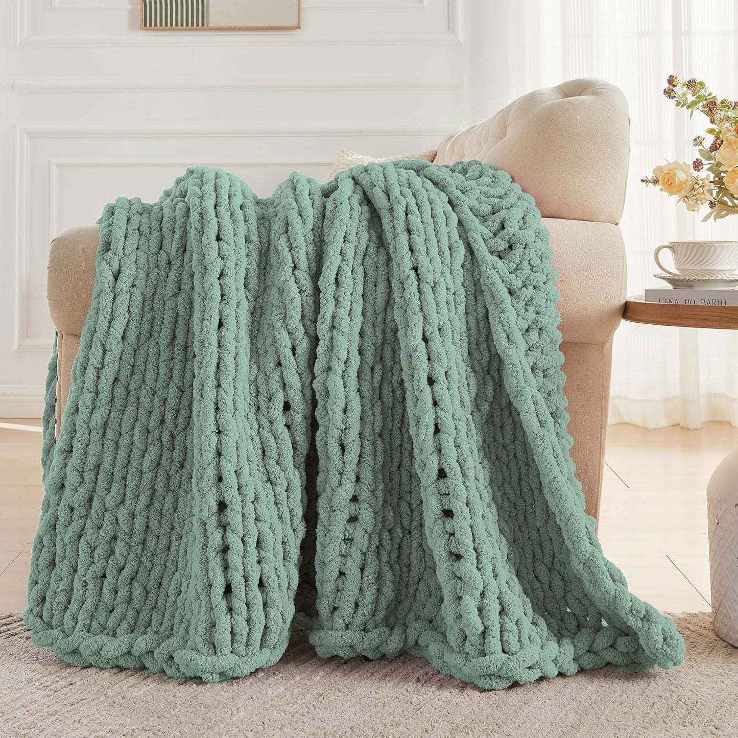 Carriediosa Chunky Knit Throw Blanket 50" X 60", 100% Hand Made Large Chenille Loop Yarn Soft Fluffy Throws for Couch Sofa Bed, Big Crochet Cozy Heavy Thick Cable Woven Blanket, Sage Green