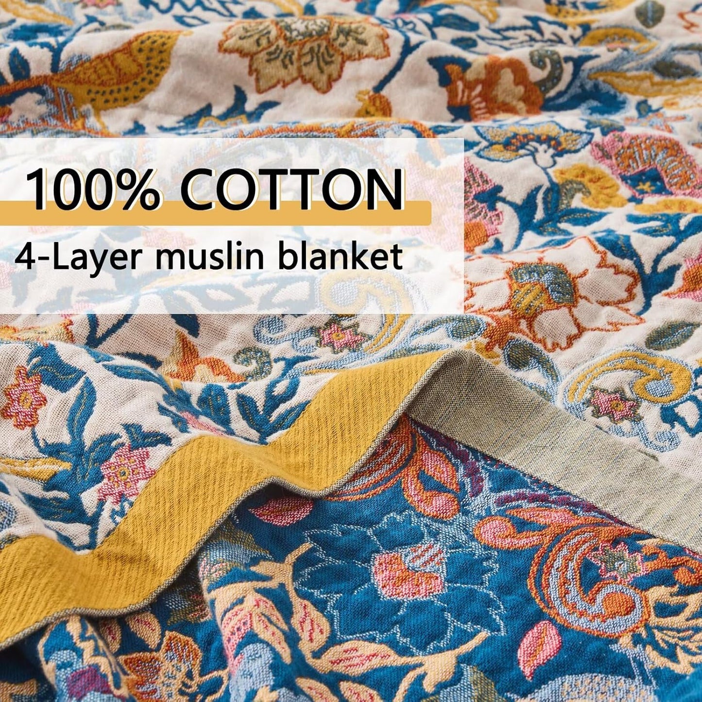 Boho Throw Blanket for Bed Couch 100% Cotton Woven Bed Throws for Summer, Lightweight and Soft Cozy Farmhouse Reversible Muslin Decorative Blanket for Travel Picnic, Teal/Cream, 80"x90"