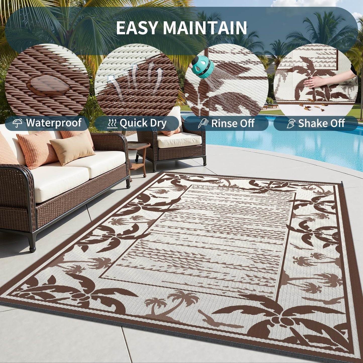 COCOER Outdoor-Rug 6x9 ft Waterproof Reversible Outdoor Plastic Straw Rug RV Indoor Outdoor Carpet Quick Dry Patio Rug Camping Mat for Balcony Backyard Picnic Beach-Brown&Beige
