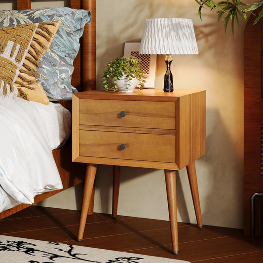 Christopher Knight Home Mid-Century Nightstand, Acacia Wood Nightstand Side Table, Accent Bedside End Table with Solid Wood Legs for Bedroom, Dorm and Small Spaces,Natural Brown