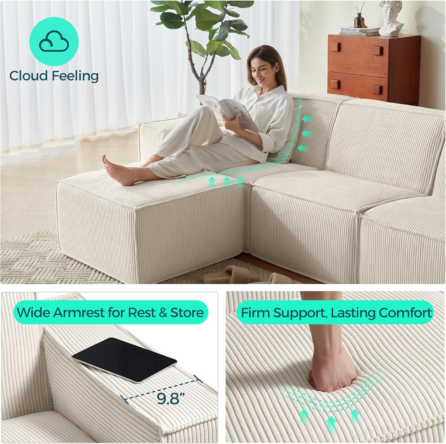 LINSY HOME Modular Sectional Sofa, 134" Boneless Couch U Shaped 4-Seat Sofa with 2 Movable Ottomans, Corduroy Sectional Cloud Couches for Living Room, No Assembly Required, Beige