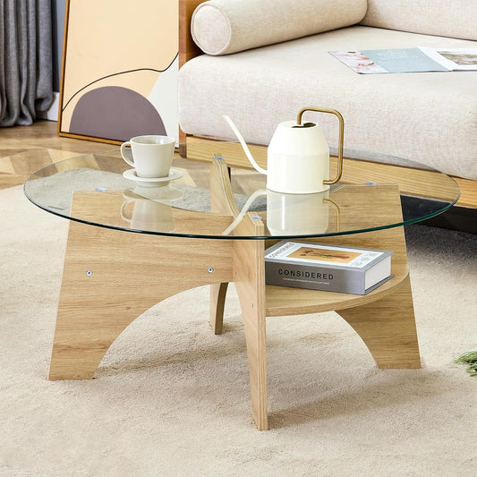 31.5" Round Glass Coffee Table with Tempered Glass Top and MDF Base, Diagonal Fan-Shaped Tray Design Table Leg Simple & Modern Center Table for Living Room Office Apartment Wood