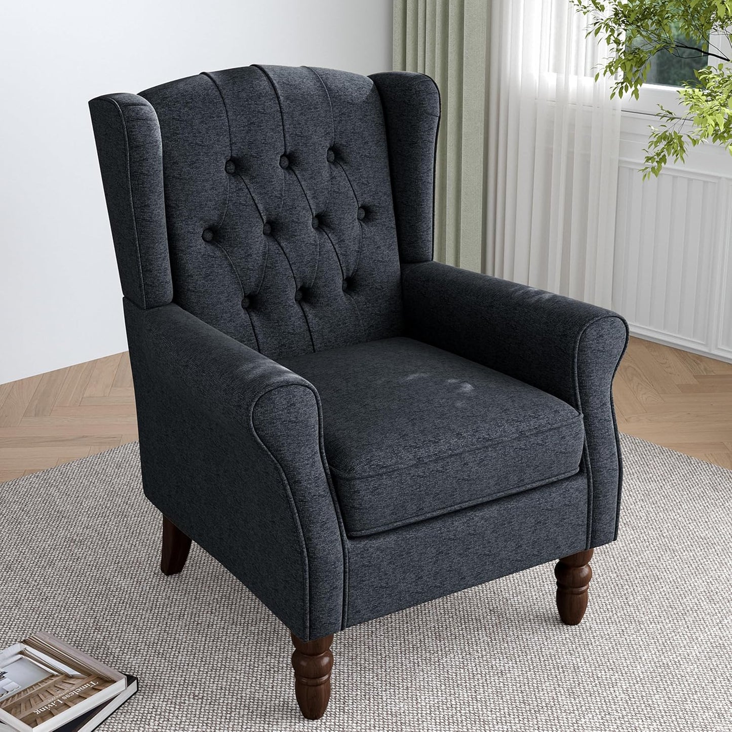 Lumibee High Back Accent Chair,Upholstered Wingback Armchair with Solid Wood Legs for Small Spaces,Comfy Single Sofa Chair for Living Room,Bedroom,Office-Black Blue