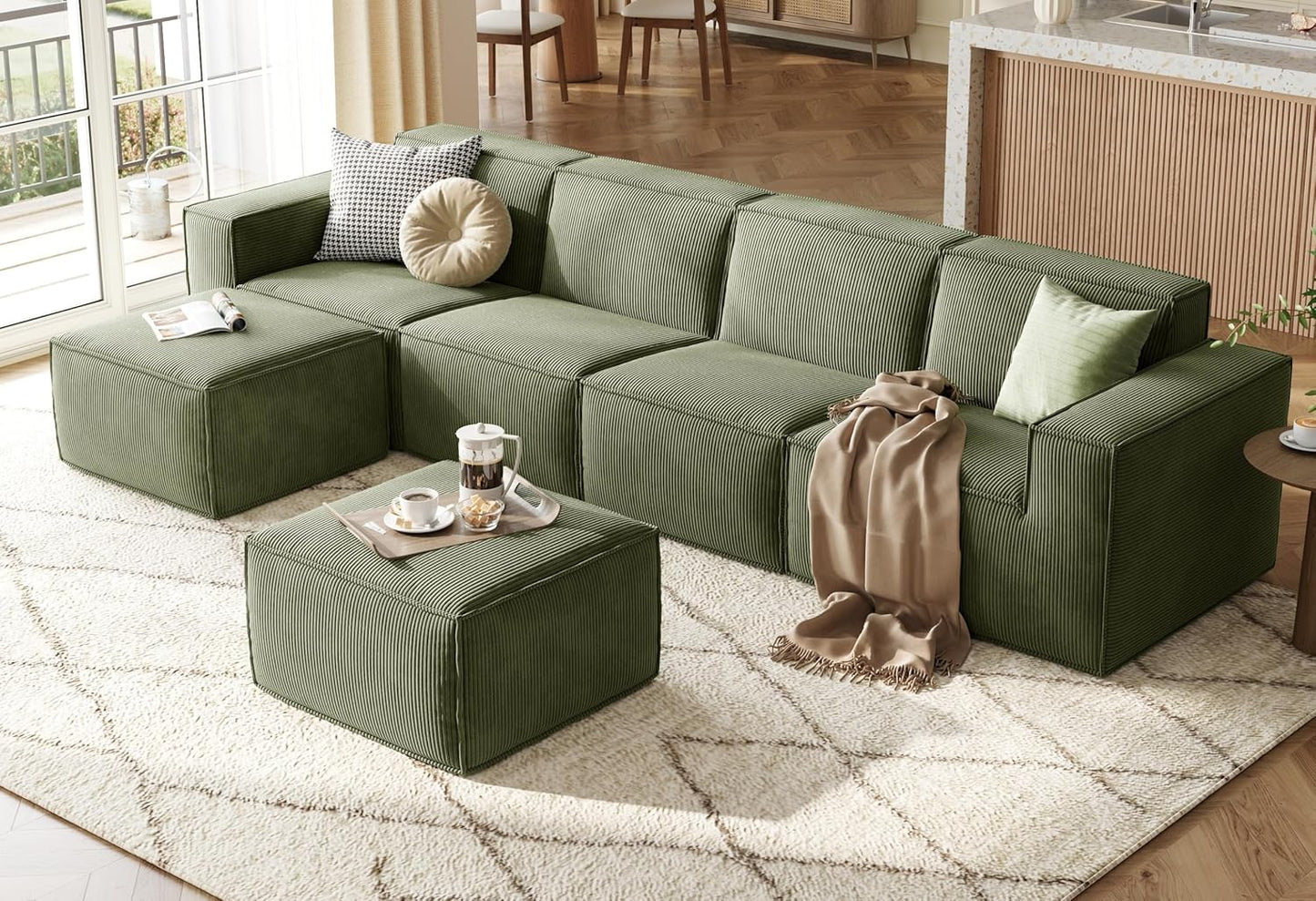 LINSY HOME Modular Sectional Sofa, 134" Boneless Couch U Shaped 4-Seat Sofa with 2 Movable Ottomans, Corduroy Sectional Cloud Couches for Living Room, No Assembly Required, Green