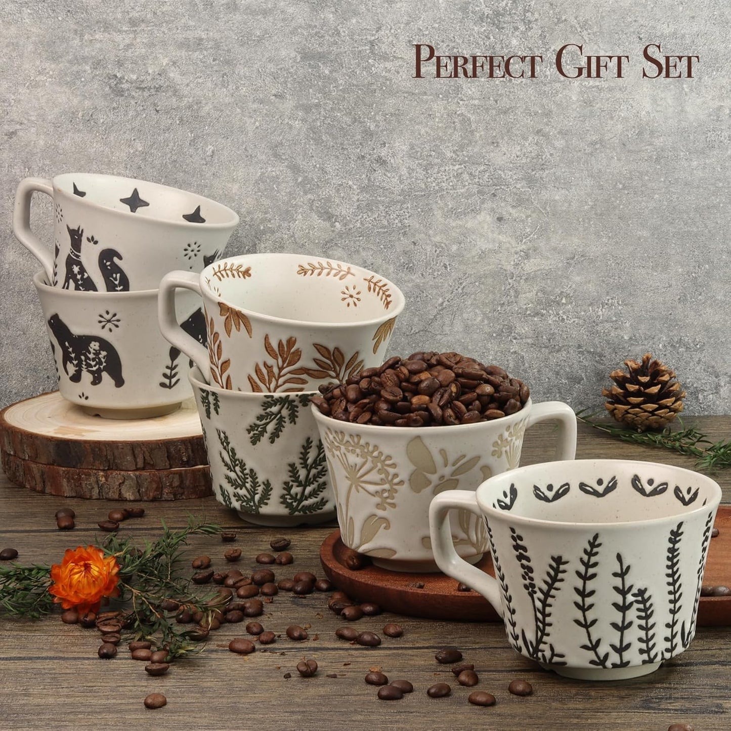 Ceramic Coffee Mug, 12 oz Novelty Unique Teacup with Large Handle, Stoneware Cup for Tea Mocha Latte Cappuccino Espresso (Set of 2, Butterfly and Ivy)