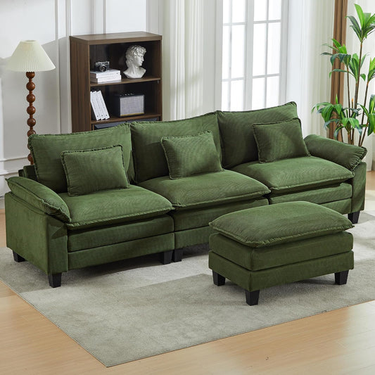 URRED Modular Sectional Sofa Comfy Cloud Couch, Modern Corduroy Sofa Sleeper Deep Seat Couches with Ottoman/Pillows for Living Room (Green, 117''- L Shape)