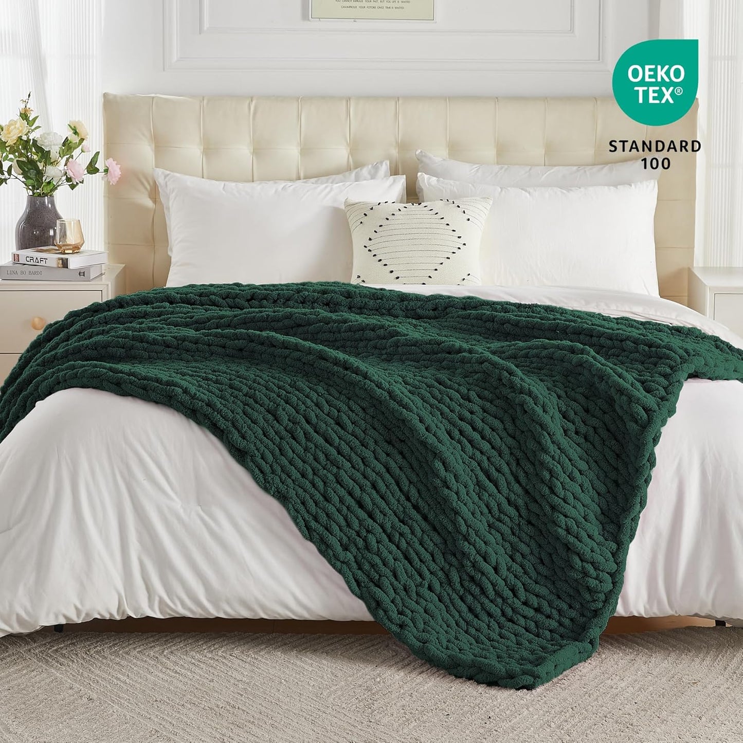 Carriediosa Chunky Knit Throw Blanket 50" X 60", 100% Hand Made Large Chenille Loop Yarn Soft Fluffy Throws for Couch Sofa Bed, Big Crochet Cozy Heavy Thick Cable Woven Blankets, Dark Green