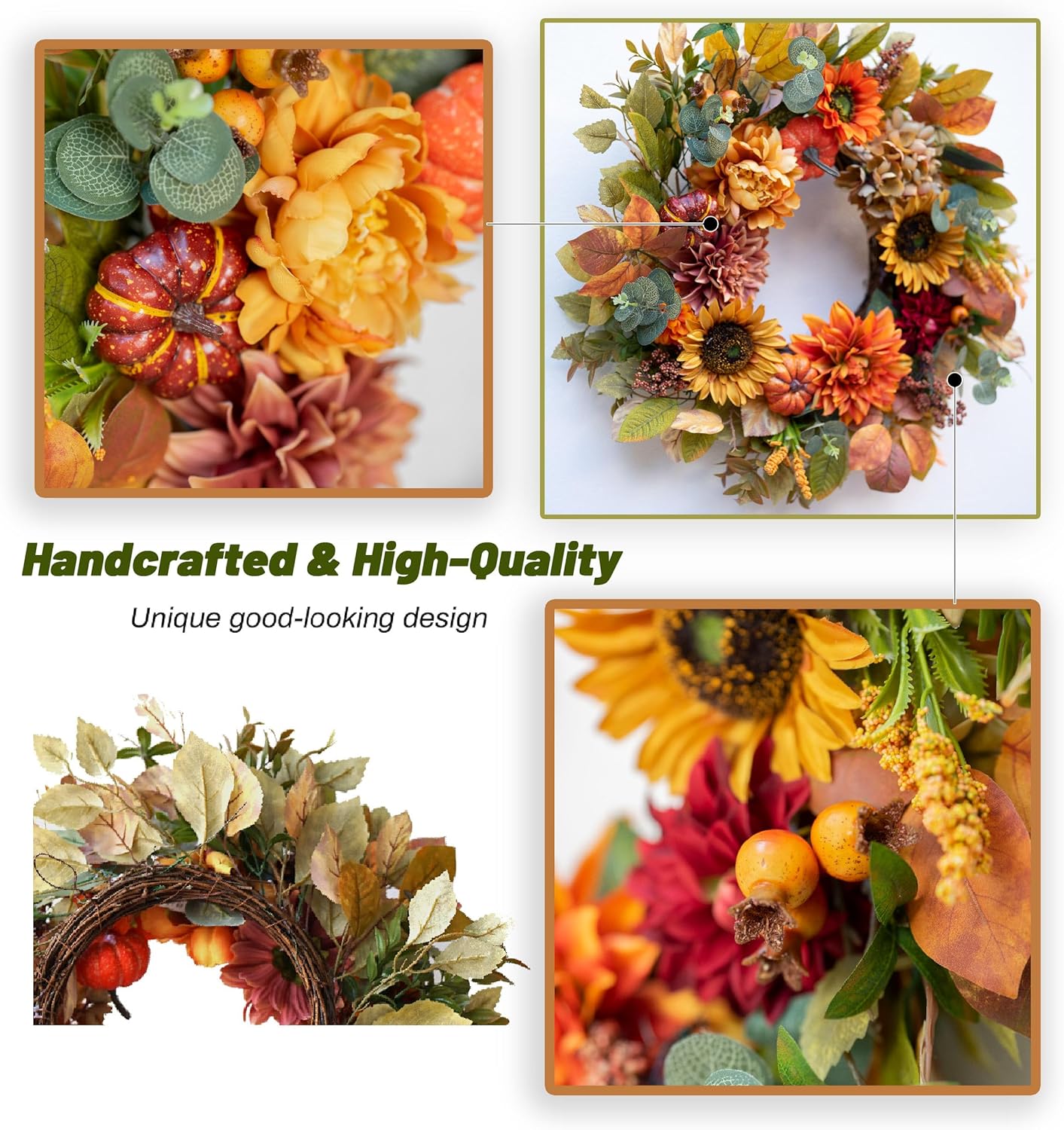 Fall Wreaths for Front Door 24 Inch Autumn Wreath with Sunflowers, Pumpkins Dahlia & Maple Leaves Outdoor Fall Wreath for Thanksgiving, Harvest, Halloween Home Décor