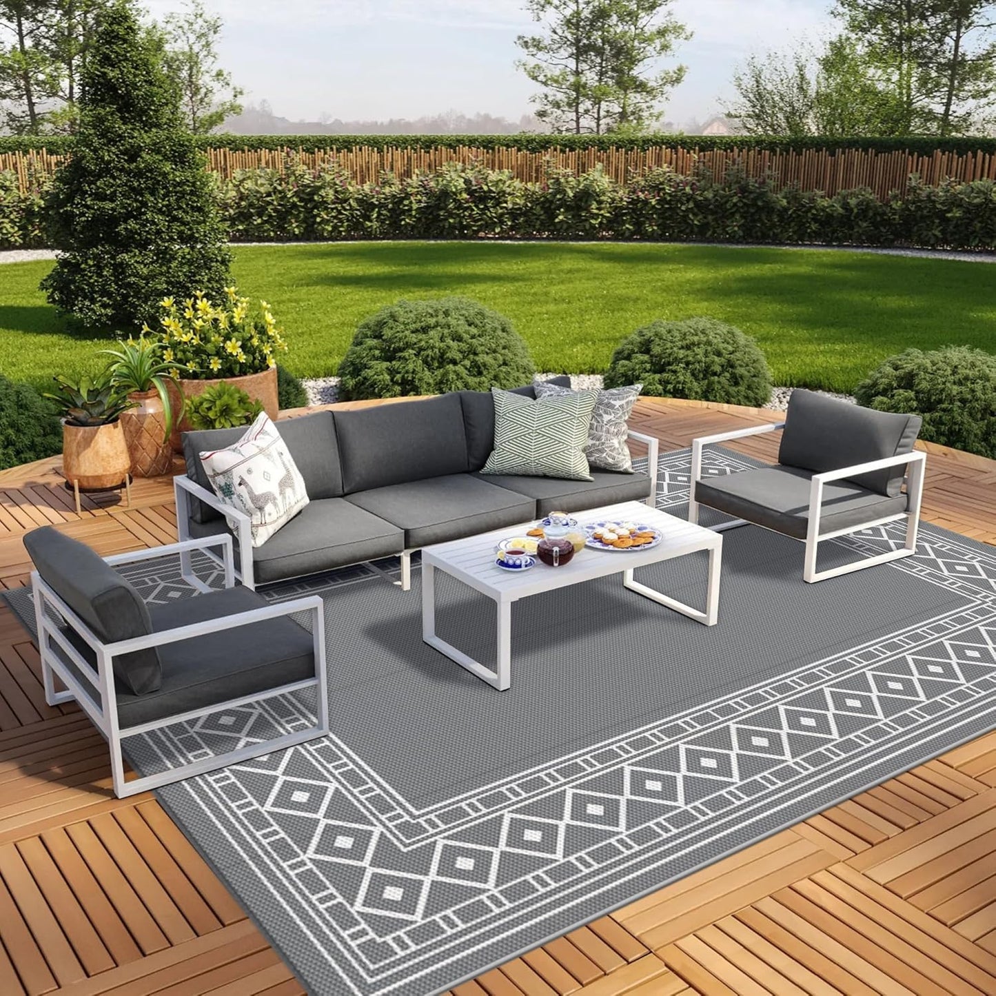 GENIMO Outdoor Rug Waterproof for Patio, 9'x12' Reversible Plastic Straw Outdoor Carpet, Camping Outside Mat for Outdoor Decor, RV, Deck, Camper, Balcony, Picnic, Grey & White