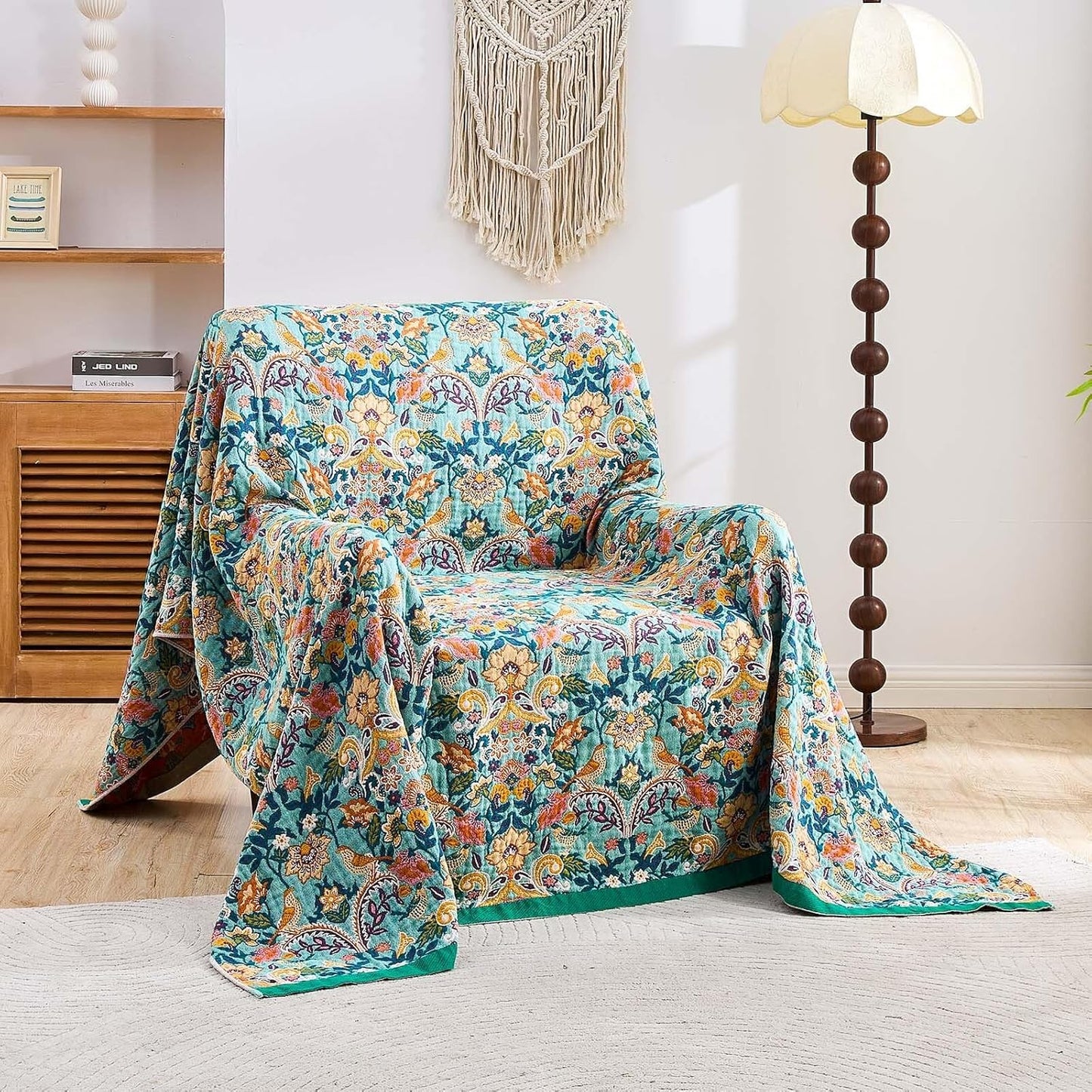 Boho Blanket Throw Quilt, 100% Cotton Soft Light Weight Throw Blankets for Summer, 80"x90" Farmhouse Flower Decorative Blankets, All Season Rustic Reversible Bohemian Throw Quilt