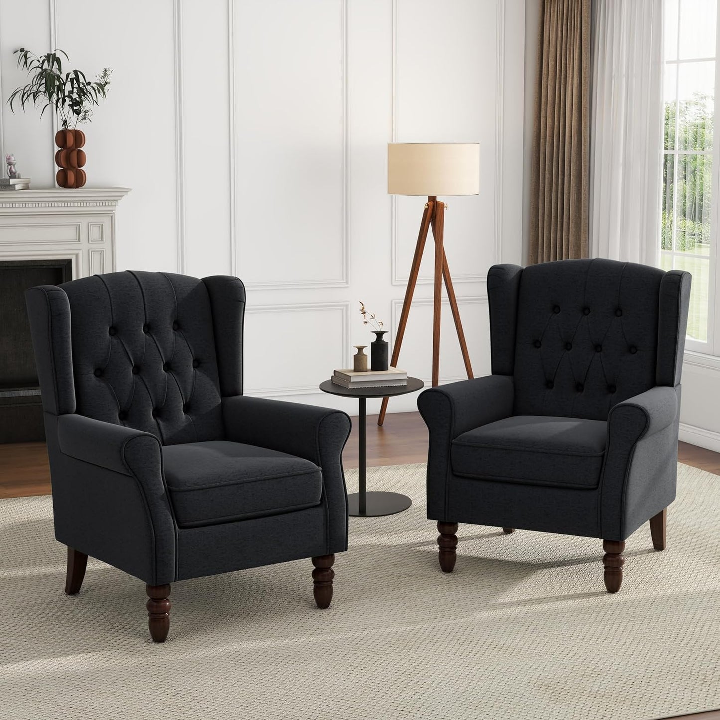 UIXE High Back Accent Chairs Set of 2, Upholstered Armchair in Fabric, Retro Wingback Arm Chair for Living Room, Comfy Single Sofa Bedroom Reading Seat with Solid Wood Legs - Black Blue