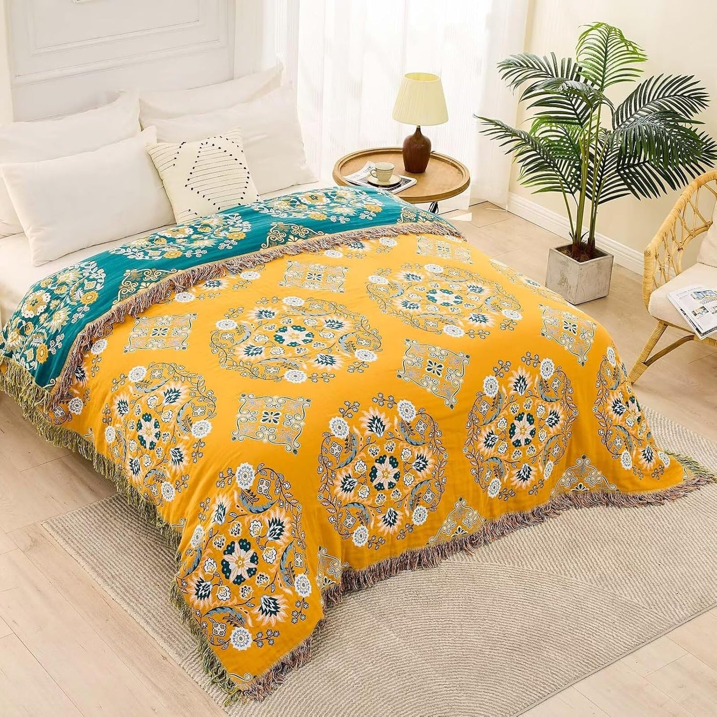 Boho Throw Blanket, 100% Cotton Ultra Soft Luxury Throw Rustic Quilt, Floral Printed Farmhouse Decor Bed Summer Blankets, All Season Rustic Reversible Bohemian Throw for Bed (90"x98" Yellow