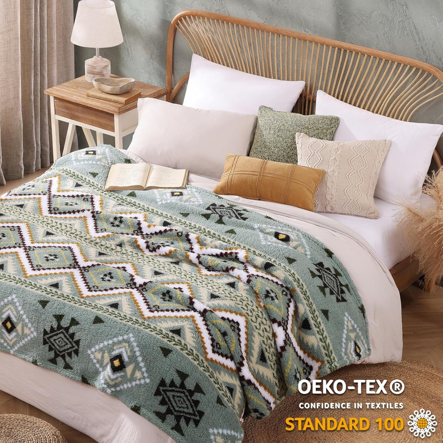 CASAAGUSTO Boho Sherpa Throw Blanket, Aztec Throw Blanket,Ultra Soft, Warm, Cozy, Plush, Thick Fleece Blanket for Couch, Bed, Sofa (Olive Green 50 * 60 Inch)