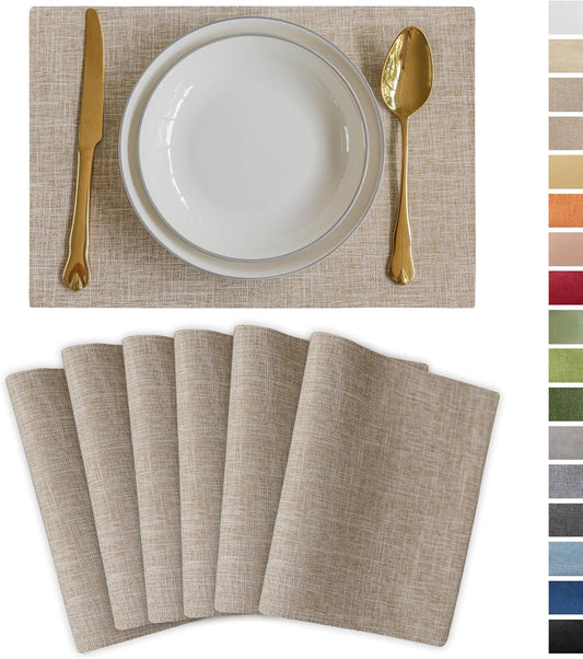 Demetex Burlap Place Mats Set of 6 Heat Resistant Linen Placemats Decorative Wipeable Fabric Table Mats for Dining Kitchen Tables, Burlap