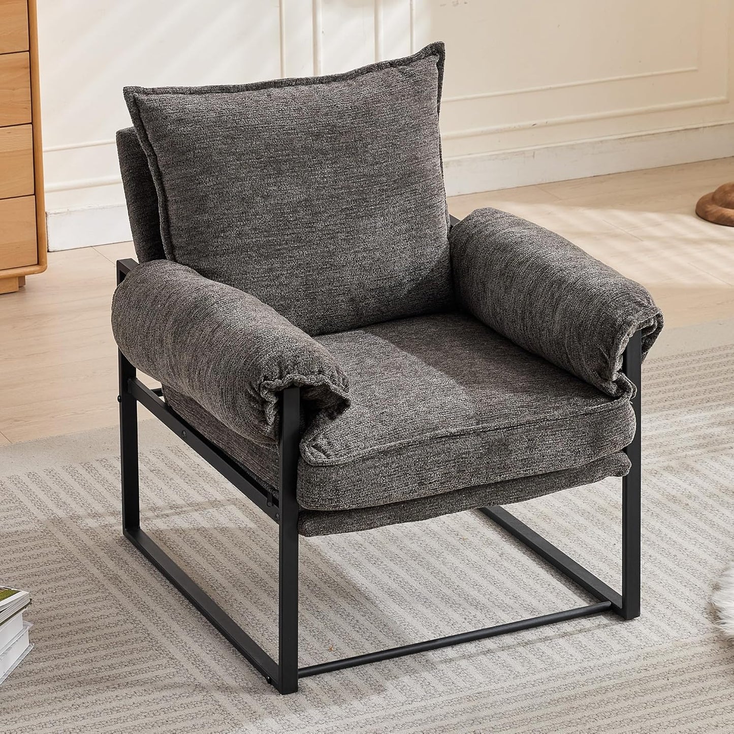YISHENG Accent Chair with 6-Angle Adjustable Backrest, Chenille Fabric Living Room Chair Upholstered Lounge Chair, Modern Chair Cozy Reclining Chair for Reading Room, 1PC Gray