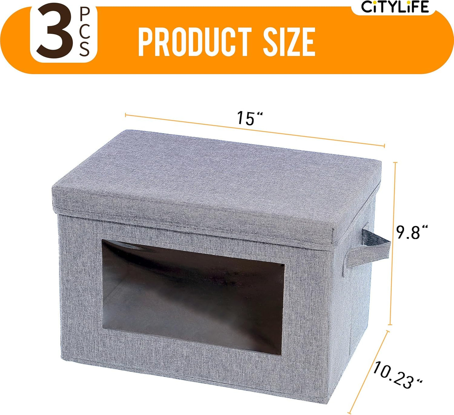 Citylife 3-Pack Collapsible Storage Bins with Lids, Linen Fabric Foldable Storage Boxes, Cube Closet Organization for Clothes, Blankets and Books, Gray
