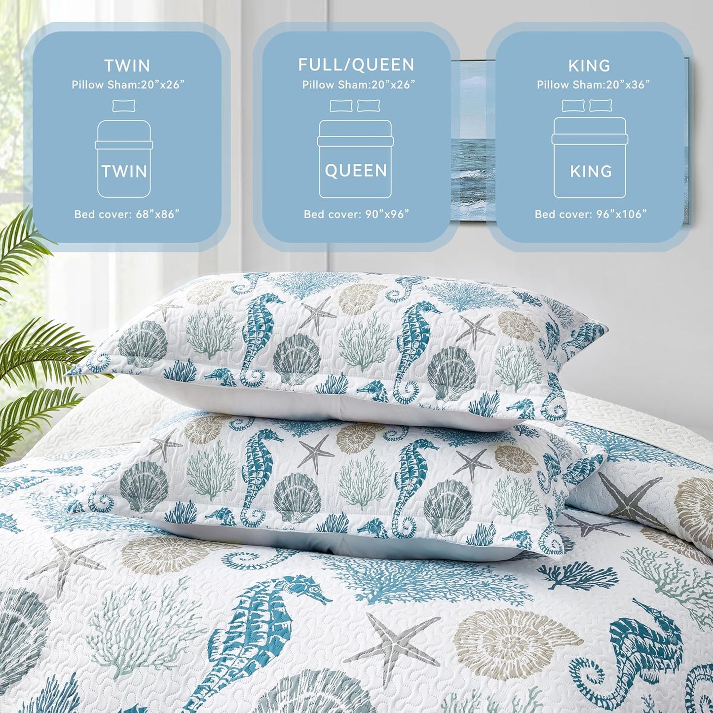 Coastal Bedding Twin Size Coastal Quilt with Shams, Nautical Beach Comforter Sets Ocean Bedspreads Blue Seahorse Coverlet Summer Bedding, 68''x86''