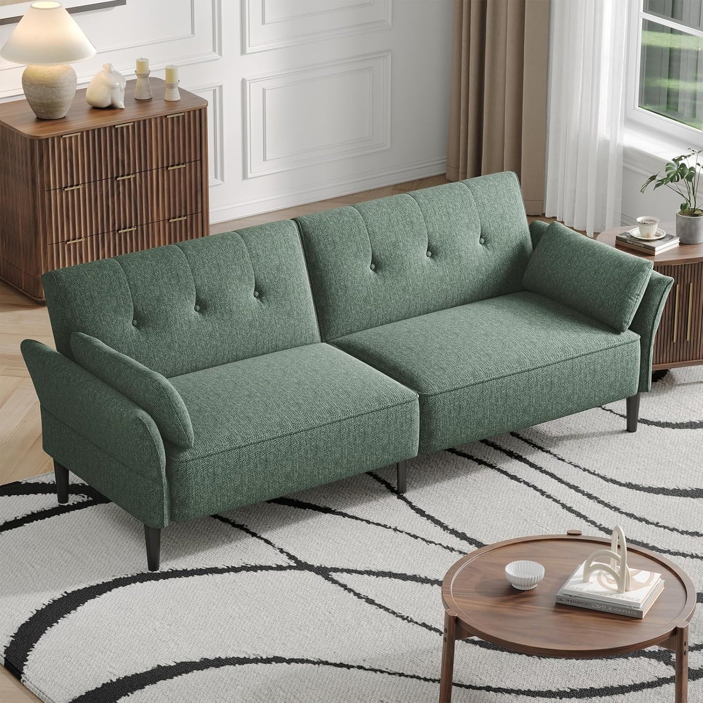 89” Futon Sofa Bed, Linen Comfy Futon Couch Bed with 2 Square Pillows, Convertible Sleeper Sofa with Adjustable Backrest& Armrests, Modern Loveseat Sleeper for Living Room, Bedroom, Green