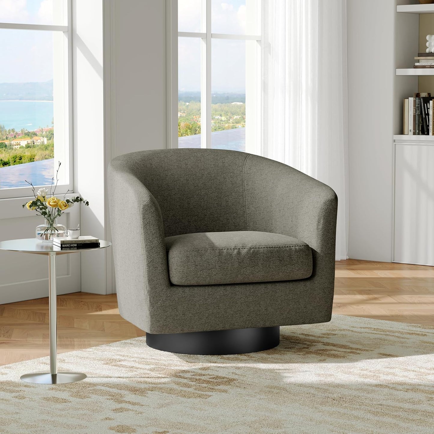 Swivel Barrel Accent Chair, Modern Round Chenille Fabric Arm Chair for Living Room, Bedroom, Comfy Club Reading Chairs for Adults（Chenille Fabric, Tan, Set of 2