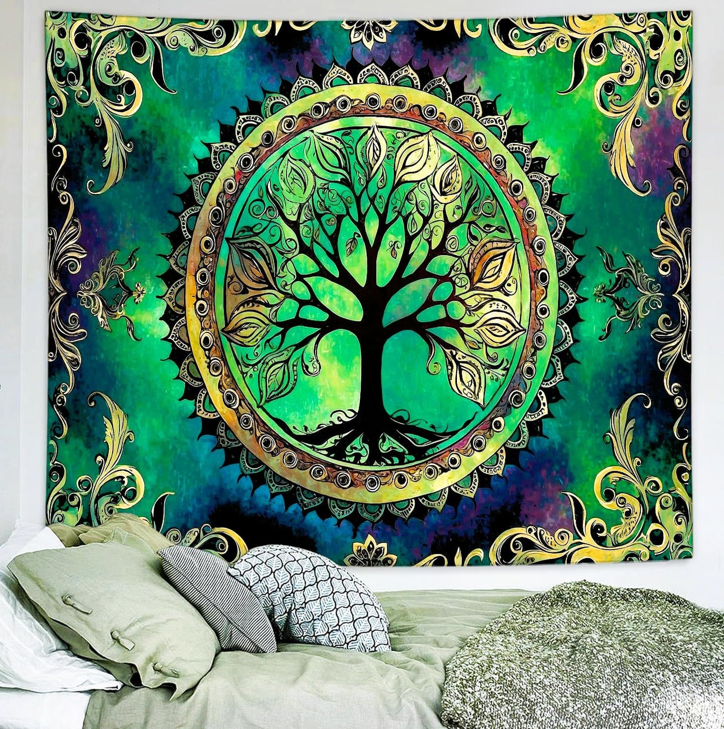 Delur Tree of Life Tapestry Green Nature Bohemian Mandala Spiritual Tapestry Wall Hanging Mystical Landscape Hippie Psychedelic Headboard for Bedroom Living Room Home Decor (51.2" x 59.1")