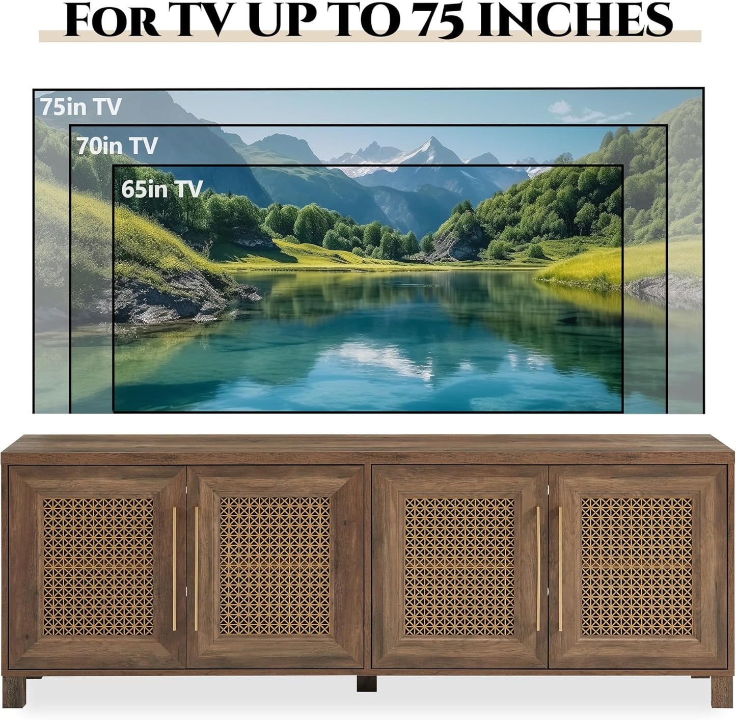JYED Mid Century Modern TV Stand for TVs up to 75 Inch, with Hollow Metal Mesh Decorated，Boho TV Console with Storage Cabinet,Cable Holes, TV Stand for Living Room, 69.5"x15.6"x24.8", Rustic