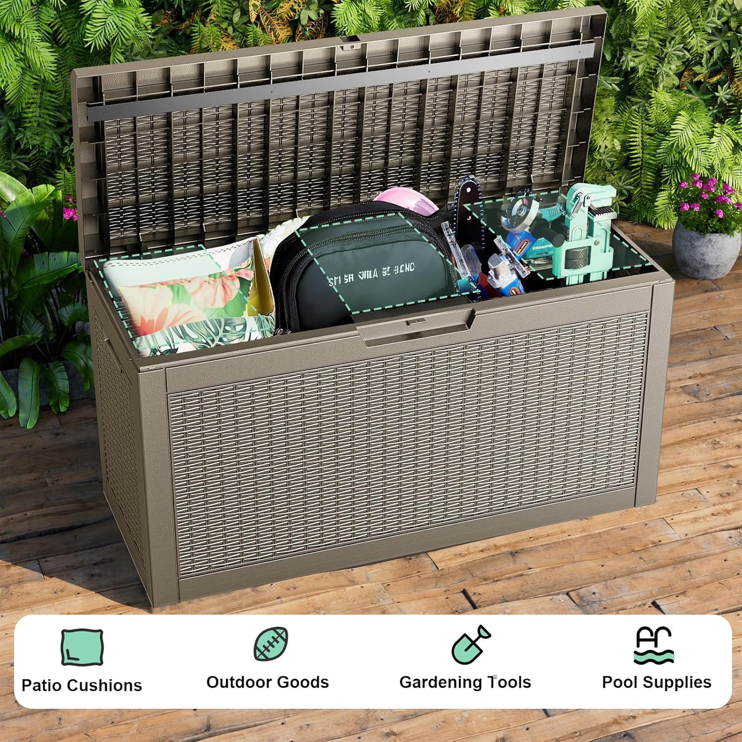 DRATO 60 Gallon Deck Box, Waterproof Resin Large Outdoor Storgae Box for Patio Furniture, Patio Cushions, Gardening Tools, Pool and Sports Supplies, Lockable