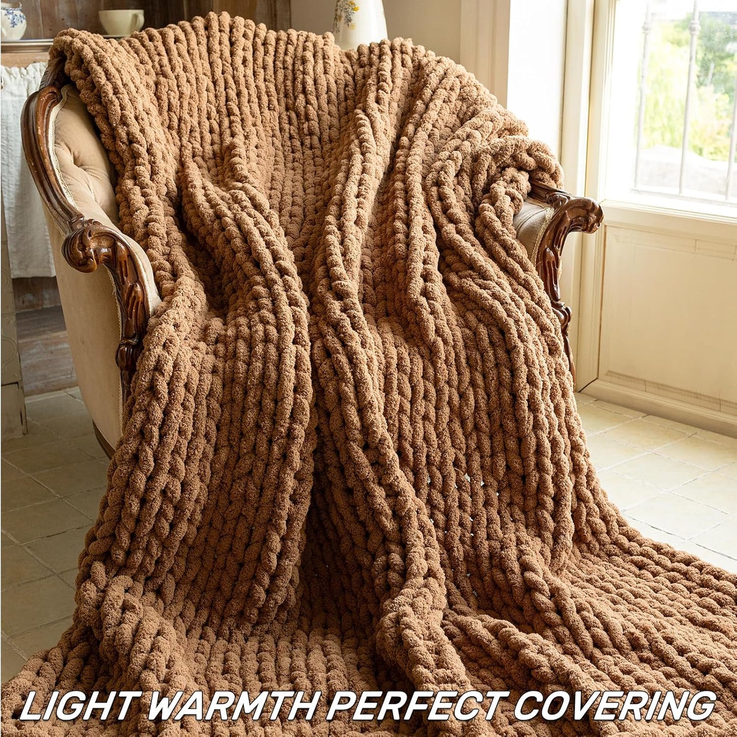 Chunky Knit Blanket - Luxury Soft Cozy Extra Large Size (80 * 90) Throw Blanket,100% Woven Blanket Rope Knot Throw Blanket for Couch, Sofa, Home Decor, Gift - Machine Washable（Brown）