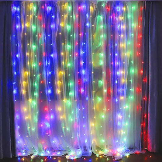 Fairy Curtain Lights,304 LED 9.8ftX9.8ft 30V 8Modes safety Window Lights with Memory for Home Wedding Christmas Party Family Patio Lawn Garden Bedroom Outdoor Indoor Wall Decorations(Multi ColoR)