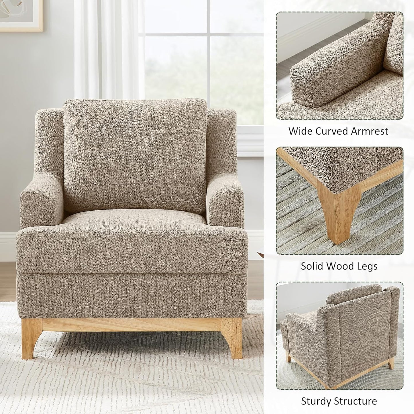 Oversized Accent Chair, Modern Boucle Armchair with Wood Legs, Modern Reading Chair with Thick Cushion, Comfy Chairs for Living Rooms, Bedrooms, Reading nooks and Apartments