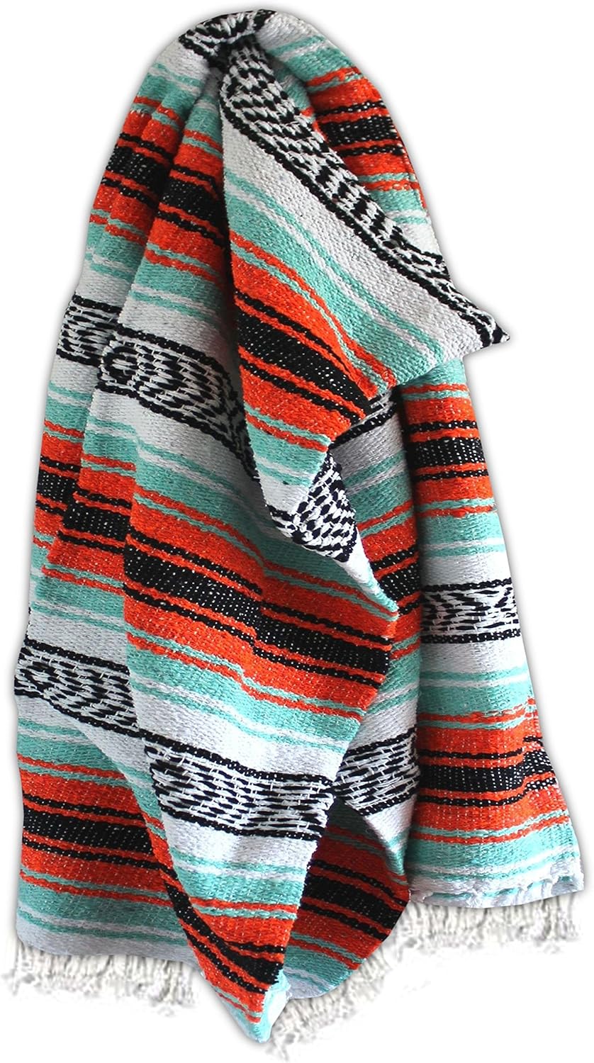 Del Mex Classic Mexican Blanket, Large Authentic Woven Falsa Throw (70"x50"), Artisan Southwest Décor for Beach, Yoga, Outdoors (Mint/Orange)