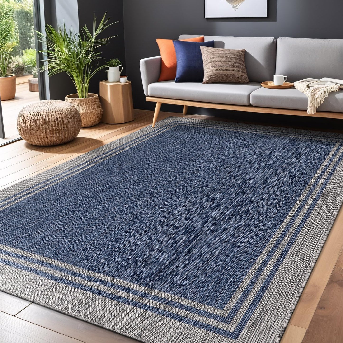 Bordered Outdoor Rug 5x7 Washable Outside Carpet for Indoor Patio Porch Waterproof Easy Cleaning Non Shedding Area Rugs Navy 5 x 7