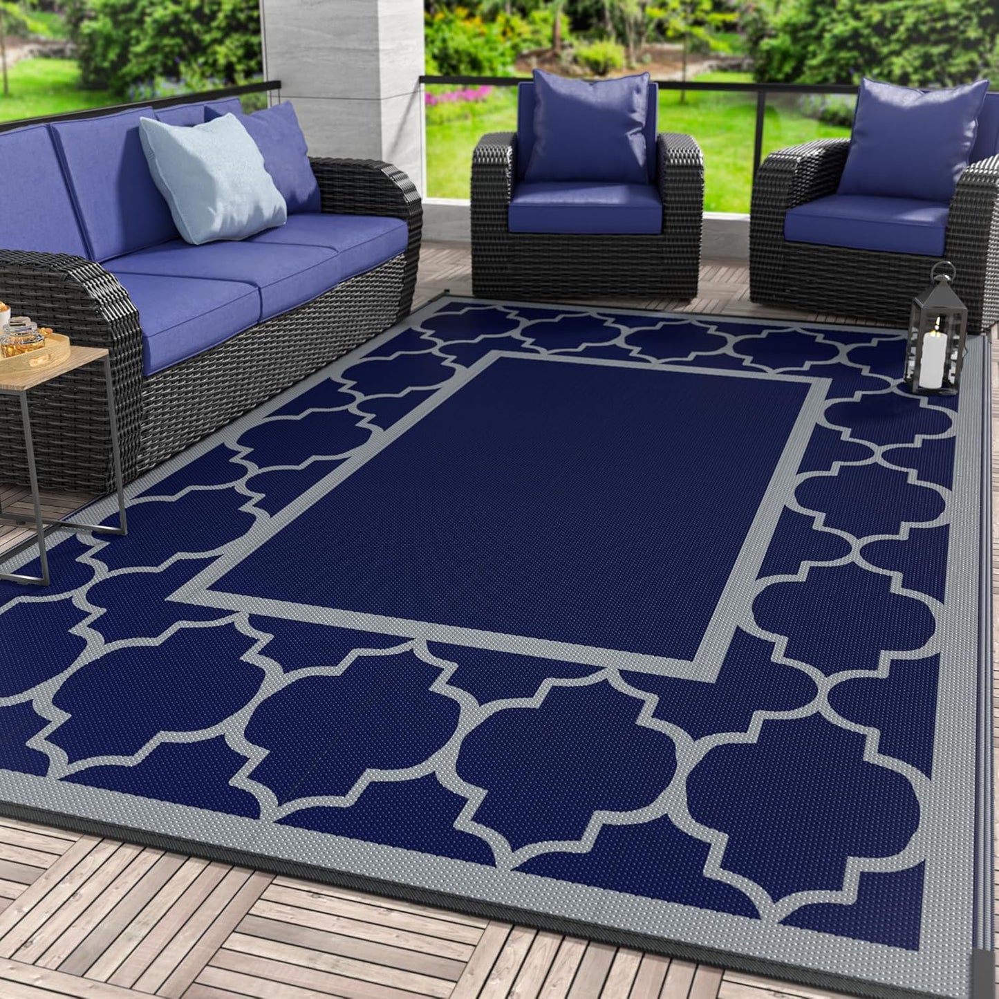 GENIMO 4 ' x 6 ' Outdoor Rug for Patio Clearance, Waterproof Indoor Outdoor Plastic Straw Rugs Carpet, Reversible Outside Area Rv Mat for Camping, Balcony Porch, Deck, Picnic, Beach (Blue & Gray)