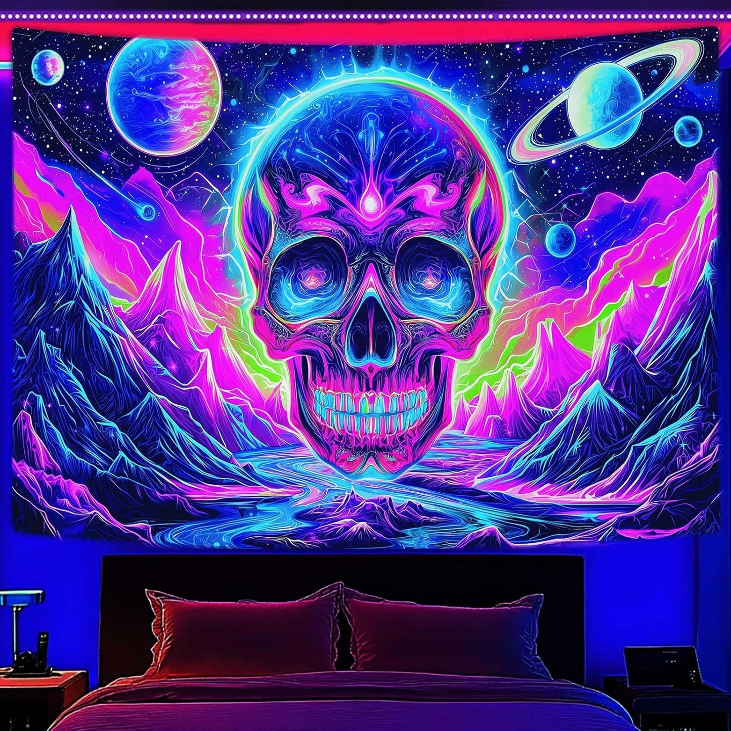 Blacklight Skull Tapestry, UV Reactive Gothic Skeleton Mountain Galaxy Planet Wall Hanging Tapestries, Glow in the Dark Horror Face Halloween Aesthetic Poster for Bedroom Living Room Decor 60X40IN