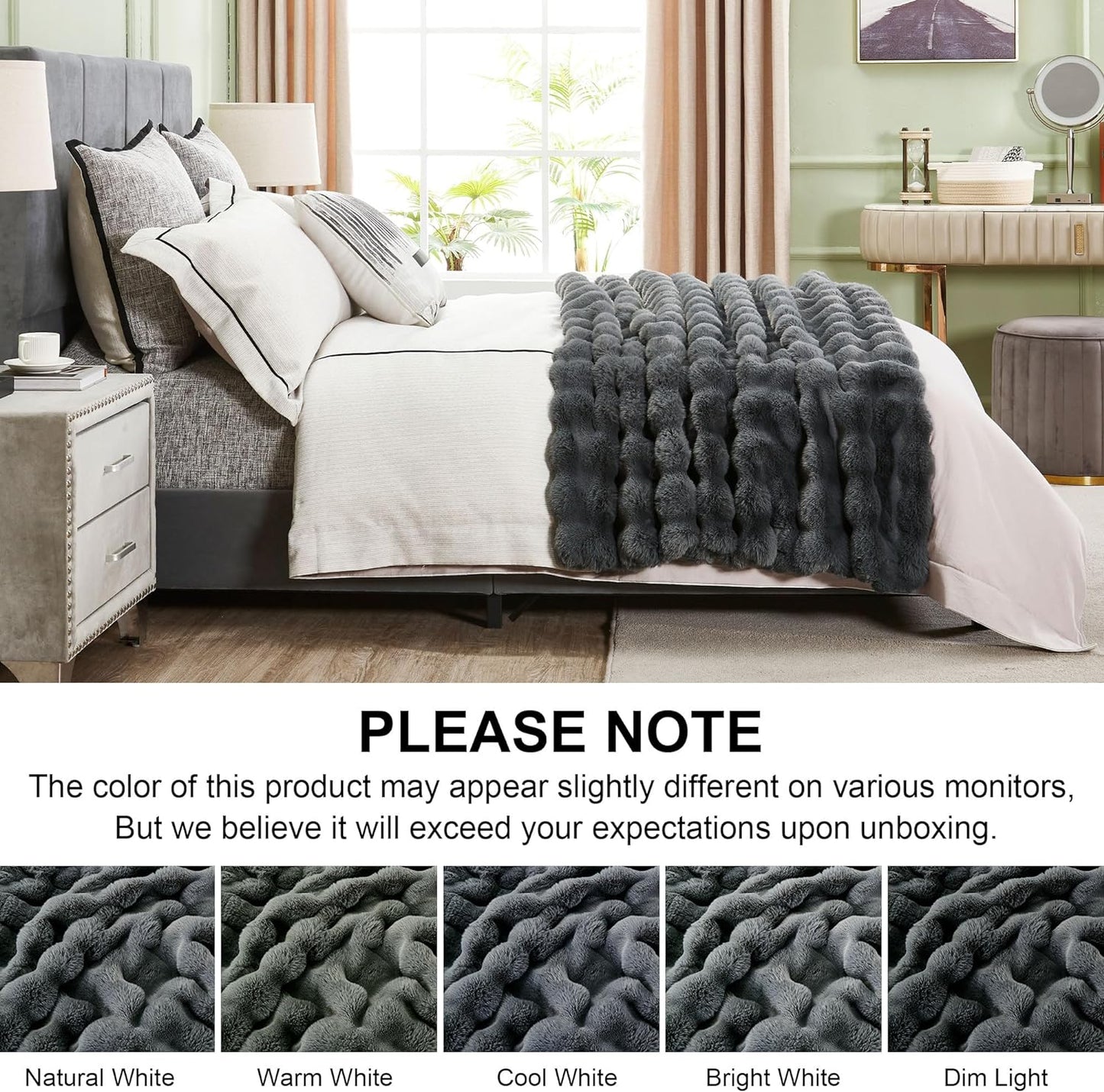DREAMNINE Large Soft Thick Fuzzy Bubble Faux Rabbit Fur Bed Blanket Queen Size 80" x 90",Reversible Gray Plush Big Warm Shaggy Fluffy Blankets for Sofa, Solid Luxury Cozy Cute Bumpy Furry Blanket,Grey